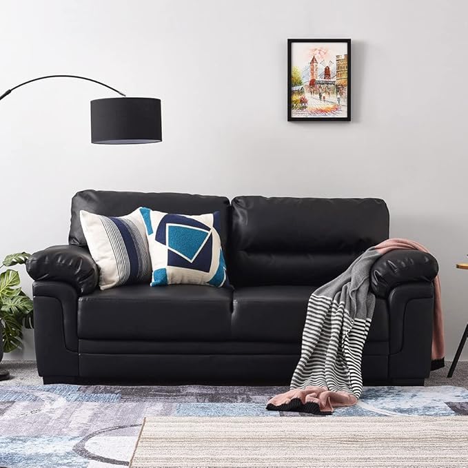 Modern 3 Seater Leather Sofa – Black Upholstered Living Room Couch with Padded Arms