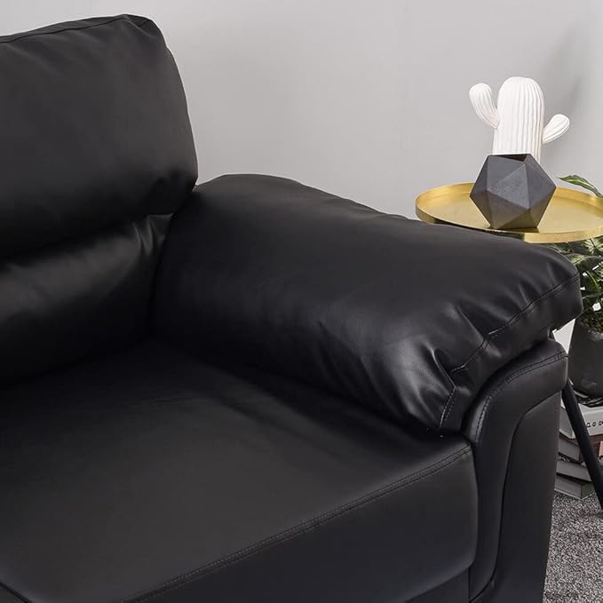 Modern 3 Seater Leather Sofa – Black Upholstered Living Room Couch with Padded Arms