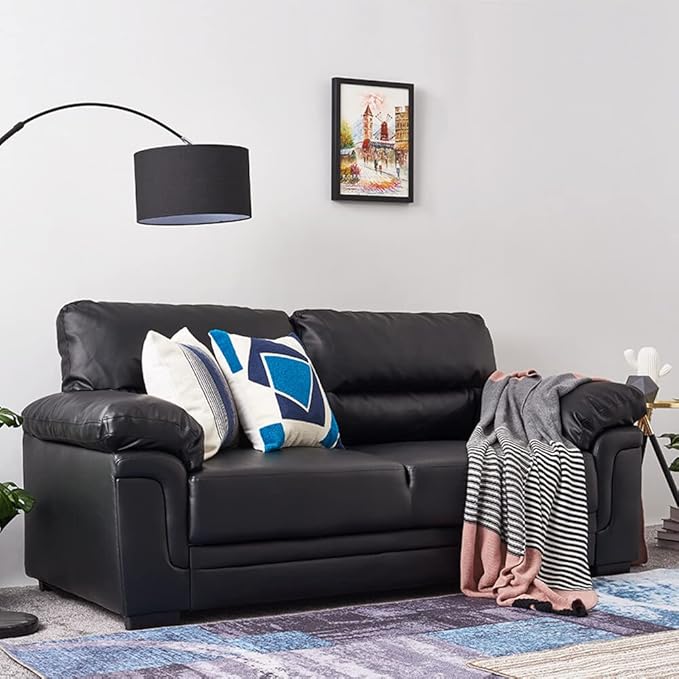 Modern 3 Seater Leather Sofa – Black Upholstered Living Room Couch with Padded Arms
