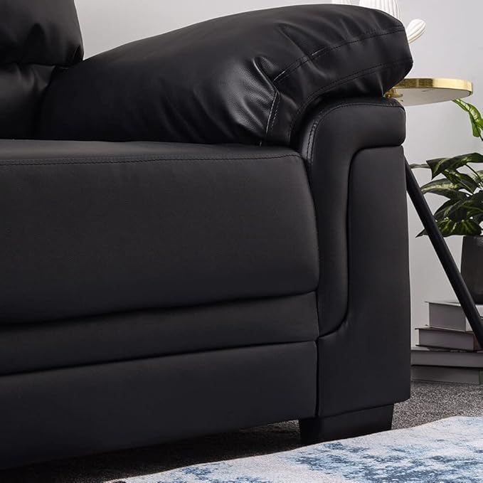 Modern 3 Seater Leather Sofa – Black Upholstered Living Room Couch with Padded Arms