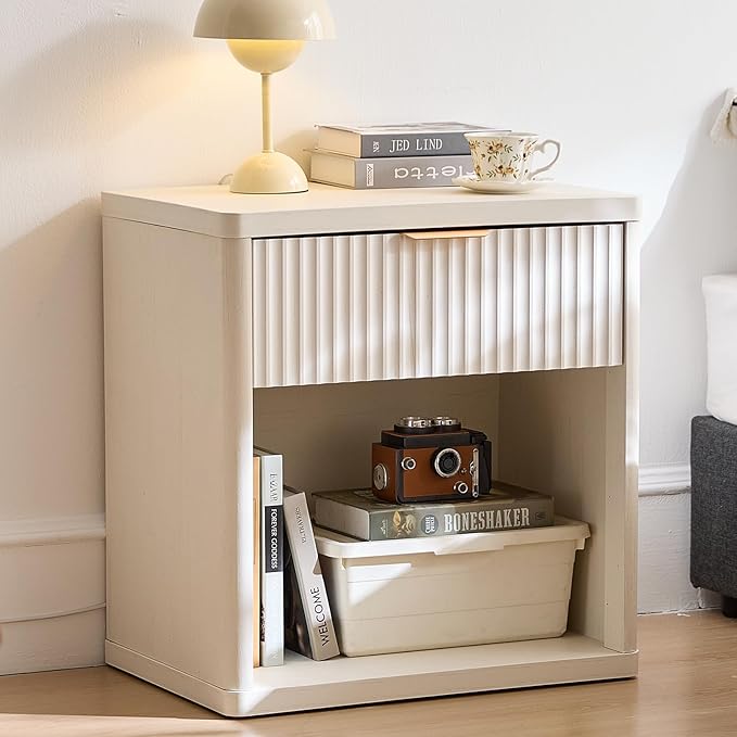 Bedside Table, Wooden Bedside Cabinet with 2 Drawers & Open Storage
