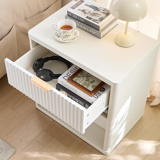 Bedside Table, Wooden Bedside Cabinet with 2 Drawers & Open Storage